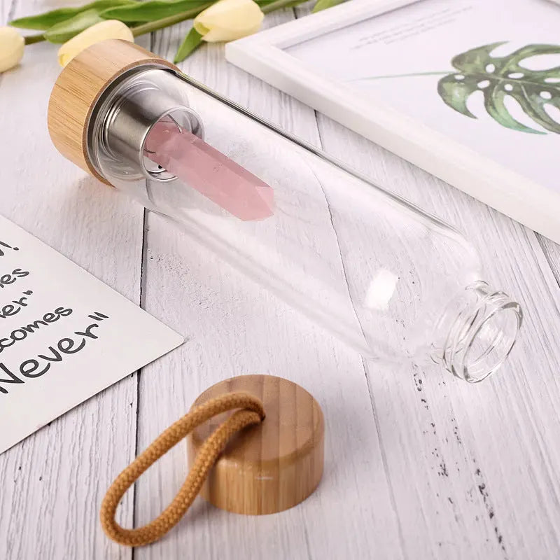 Crystal Infused Elixir Glass & Bamboo Water Bottle - Bellarte Enchanté Crystal Infused Elixir Glass & Bamboo Water Bottle